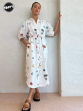 Women Fashion Printred Lantern Sleeves Shirt Dress Summer Lapel Single Breasted Causal Loose Robes Female Holiday Street