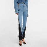Niche Design 2025 New Middle Waist Contrast Color Splicing Washed Light Color Small Foot Jeans