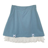 Kawaii Mini Skirts Women Japanese Sweet Blue Ruffle Lace Patchwork Fairycore High Waist Pleated Skirt Soft Girl