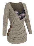 Women Lace Panel Faux Twinset Surplice Gathered T Shirt Autumn Long Sleeve Harajuku Female Tops