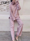 Sweater Set Women Tracksuit Spring Autumn Knitted Suits 2 Piece Set Warm Turtleneck Sweater Pullovers Wide Legs