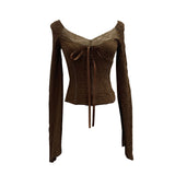 Real Shooting Merard Wind Strapted Bow Splicing Lace Pure Desire Blouse Folding Body Short Blouse