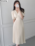 Quality New Women Summer Clothes Elegant V-Neck Slim Office Lady Casual A-Line Bandge Pleated Dress