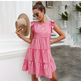 Fashion Plaid Boho Mini Dress For Women 2022 O-neck Sleeveless Ruffles Casual Loose Beach Party Dresses Robe