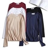 Quality Plain T Shirt Women Cotton Knitted Slim Elastic Basic T-shirts Female Casual Tops Long Sleeve T-shirt Women
