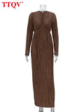 Winter O-Neck Green Women'S Dress Elegant Long Sleeve Bodycon Midi Dresses Female Casual Pleated Dress For New Year