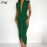 Sexy Deep V-neck Pleated Women Dress Blue Side Split High Waist Elegant Dress Female Summer Bandage Slim Party