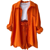 Women's Wrinkle Collar Long-Sleeved Shirt High-Waisted Rope Shorts Fashion Casual Two-Piece