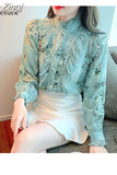 Floral Printed Blouse Women 2023 Fashion Long Sleeve Ruffle Stitching Shirts Stand Collar Vintage Flower Blouse Top