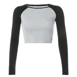 Casual Patchwork Long Sleeve Crop Top T Shirt Fashion Basic Cotton Tshirt Women Fashion Slim Korean Tee Shirt