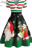 Dress Women Winter Santa Claus Striped Print Elegant Short Sleeve V-neck Xmas Party Midi