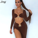 Sexy Low Chest Women Two Piece Sets Green Long Sleeve Tops High Slit Skirts Female Summer Skinny Fashion Party