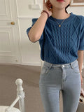 Kitty 2022 Summer Retro All Match Argyle Women Jumpers Pullovers Casual Chic Half Sleeves New Sweet Knitted