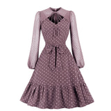 Lantern Long Sleeves Polka Dot Printed Midi Dress Women Elegant Vintage Hollow Out Autumn Swing Pinup Dresses Robe