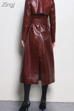 Autumn Long Shiny Reflective Patent Faux Leather Trench Coat for Women Belt Double Breasted Luxury Designer Clothes