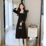 Zingj Summer New French Square Collar Solid Color Long Sleeve Sweet Temperament Show Thin Reduce Age In The Long Dress-Outfit