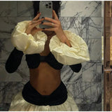 Black Crop Top Puff And Pleated Hem Mini Skirt Set- Outfit