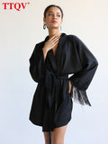 Elegant Black Tassel Dresses For Women Casual V-neck Lace-up Mini Dress Autumn Long Sleeve Dress Female Clothing