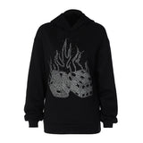 Y2K Street Style Rhinestones Trim Oversized Black Hoodies Grunge Aesthetics Long Sleeve Fire Print Loose Sweatshirts