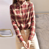 Autumn Agaric Edge Stand Collar Vintage Classic Plaid Sanding Single Breasted Blouse Femme Long Sleeve Simple Shirt