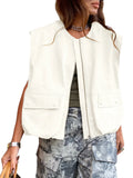New Women's Sleeveless Pocket Baggy Vest Solid Color Cardigan Zipper Fashion Coat Women-Outfit