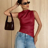 Zingj Women's 2024 New Leather Pile Collar Personality Closed Waist Oblique Hem Sleeveless Jacket Women's
