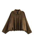 Spring New Women's Fashion Army Green Velvet Effect Short Long Sleeve Epaulets