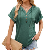 Zingj / Summer 2024 New Hooded Drawstring Button Solid Color Loose T-Shirt Top-Outfit