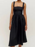 Elegant Women Square Neck Front Buttons Up Sling Dress for Women High Waist A-line Dress Summer Party Female