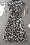 Women Summer Polka Dot Chiffon Dress Short Sleeve Party Sweet Slim A-Line Casual Elastic Waist Elegant Midi Dresses Robe