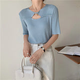 Ribbed Knit Top Summer Short Sleeve Tees Hollow Out Korean Fashion T Shirt Women White Yellow Black Blue Casual