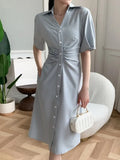 Summer Elegant Casual Midi Shirt Dress Short Sleeve Vintage Pleated Party Black Vestidos Female Fashion Korean
