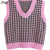 Loose sleeveless vest sweater 2021 autumn winter women's houndstooth knitted vest V-neck sleeveless pullover sweater