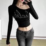 Winter Fashion Trend Women's New Personality Hottie Slant Shoulder Repair Letter Hot Umbilical Umbilical Clad