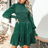 PETAL Green Smocked Mini Dress For Woman Sexy High Neck Long Lantern Sleeve Party Dress 2023 Spring Autumn Female