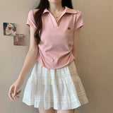 Embroidered Bow Polo Collar Short Sleeve TeeOutfit