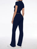 Short Sleeve Cropped Top Fold-over Flare Pants Set- Outfit