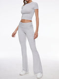 Short Sleeve Cropped Top Fold-over Flare Pants Set- Outfit
