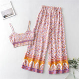 Queens Pink Floral Print Women Two Piece Outfits Sleeveless Tops Bohemian Wide Leg Pants 2 Pieces Rayon Cotton Boho
