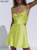 Strap Backless Satin Dress Sexy Cut Out Mini Summer Dresses For Women 2022 Elegant Cowl Neck Party Dress Green