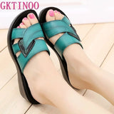 Women Slippers Shoes Genuine Leather Casual Slides Women Summer Shoes Retro Solid Mother Shoes Wedges Flip