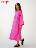 Elegant Pink Midi Dress Lady Fashion Chic Lace-up Long Sleeve Casual Dress Vintage Loose Classic Dresses For Women