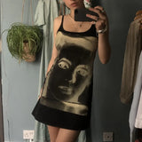 Print Cami Dress Harajuku Streetwear 90s Vintage Women Sleeveless Spaghetti Strap Bodycon Dress Punk Style