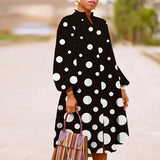 Office Lantern Sleeve Long Dress Chic Lady Stand Collar Print Party Dress Fashion Drawstring Button Loose A-Line
