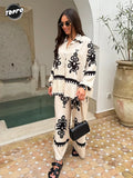 Print Wide Legs Pants 2 Piece Sets Women Casual Long Sleeves Single Breasted Shirts Suits 2024 New Chic Lady