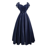 Burgundy Party Dress Floral Lace Long Women Short Sleeve Ruffle Elegant Red Blue Black Casual Maxi Date Satin