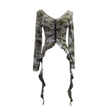 Real Shooting Wasteland Hottie Make Old Hole Tie-Dye V-Neck Irregular Ribbon Long-Sleeved Top Short T-Shirt