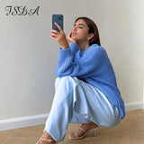 2021 O Neck Green Oversized Pullover Women Long Sleeve Blue Autumn Winter Fashion Knitted Sweater Casual