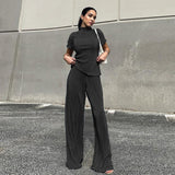 Zingj 2023 Summer New Thin T-Shirt High Waist Blue Pleated Floor Pants Casual Women's Fashion Suit-Outfit