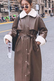 Winter Long Warm Thick Leather Trench Coat for Women with Faux Fur Inside Belt Loose Korean Fashion 2023 Fur Lined